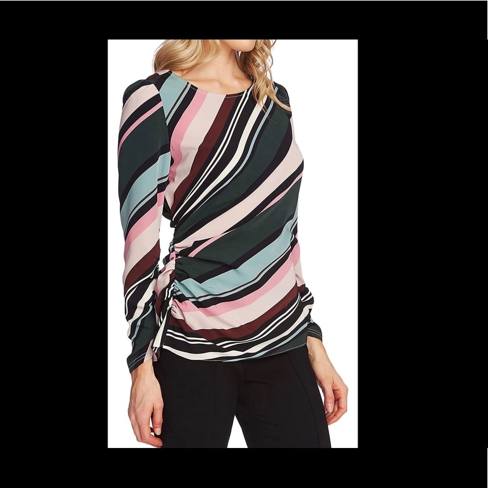 Vince Camuto Women's Side Ruched Windsor Stripe Top Rich Black Size 12